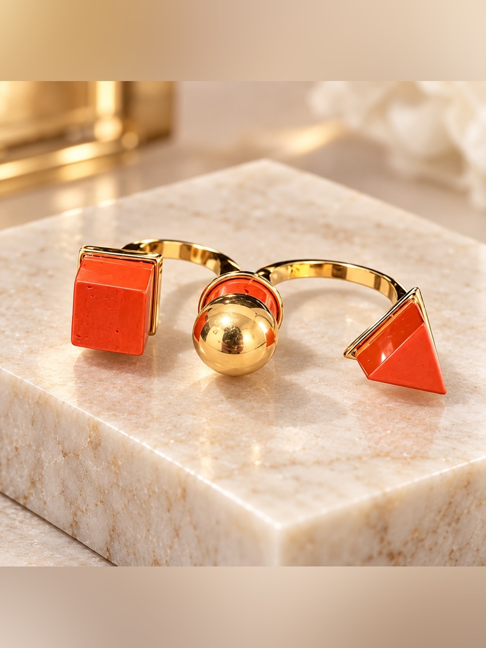 nOir NYC Gold Tone Orange Enamel Geometric 2 Finger Statement Ring